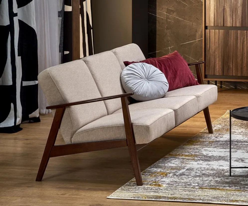 Sofa MILANO 3S beżowa/orzech nierozkładana I sklep meblowy MIRAT. styl SKANDYNAWSKI
