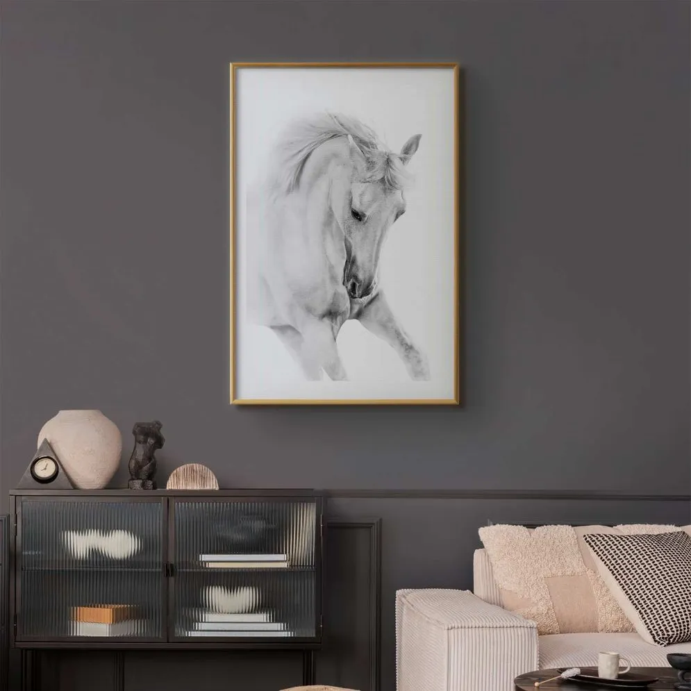 Plakat Biały koń 29,7x42 cm z ramą złotą z marginesem | MIRAT.