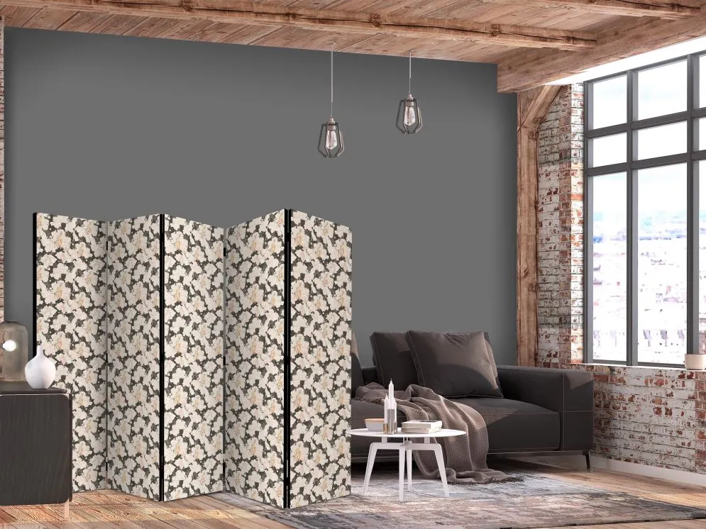 Parawan dwustronny Kwiaty 225x172 cm 5-częściowy biały | MIRAT.
