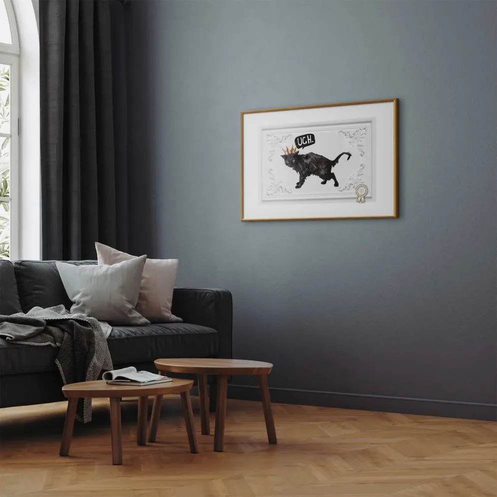 Plakat Kot w koronie 30x21 cm z ramą złotą z marginesem | MIRAT.
