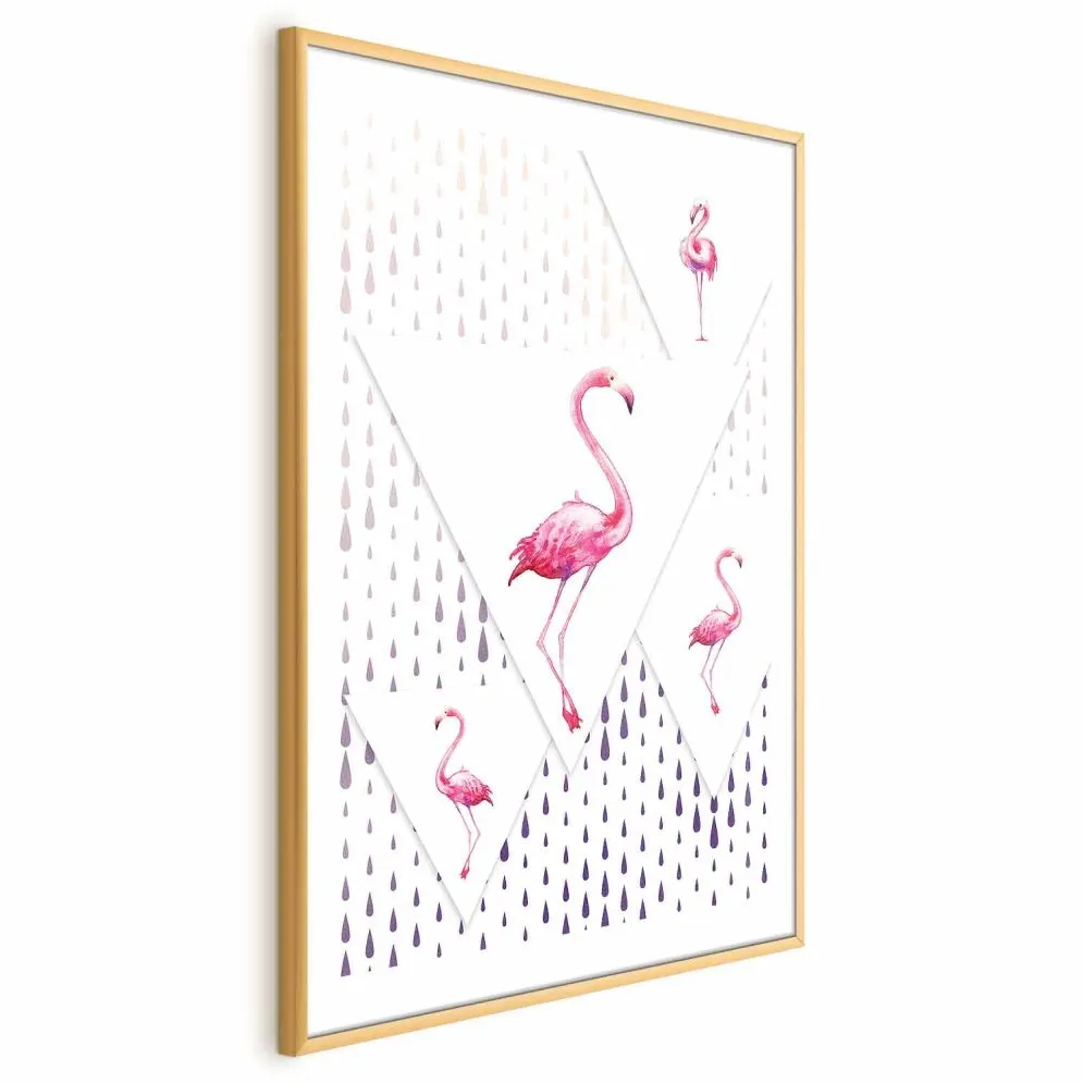 Plakat Rodzina flamingów 21x30 cm z ramą złotą z marginesem | MIRAT.