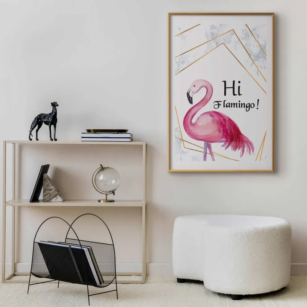 Plakat Hi flamingo 60x90 cm z ramą złotą z marginesem | MIRAT.