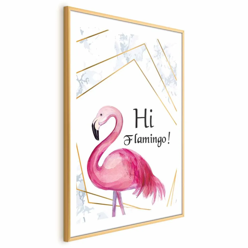 Plakat Hi flamingo 60x90 cm z ramą złotą z marginesem | MIRAT.