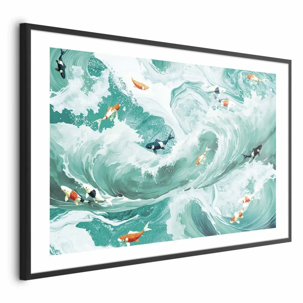 Plakat Ryby i fale 90x60 cm z ramą czarną z marginesem | MIRAT.