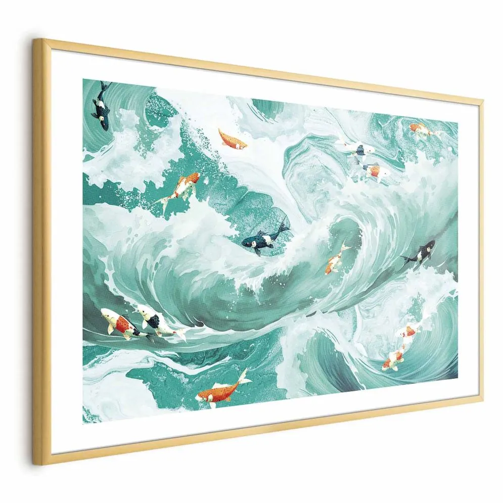 Plakat Ryby i fale 60x40 cm z ramą złotą z marginesem | MIRAT.