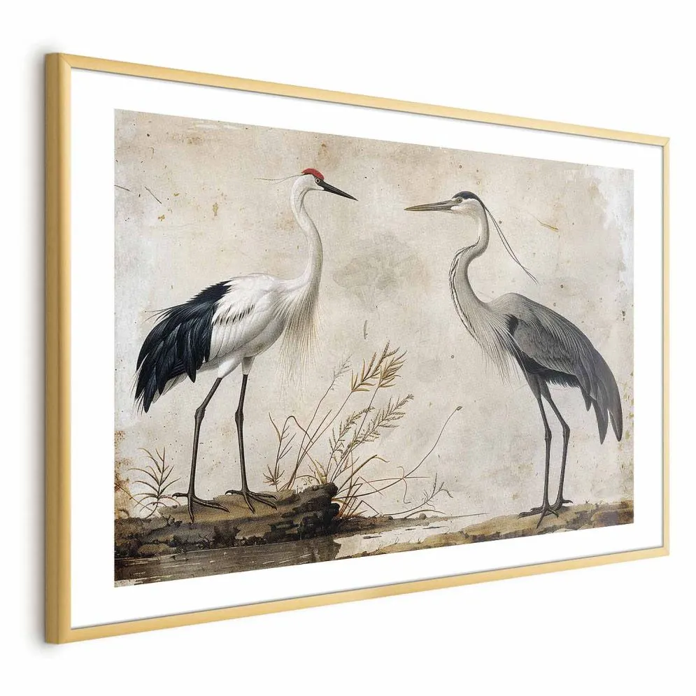 Plakat Ptaki z ryciny 90x60 cm z ramą złotą z marginesem | MIRAT.