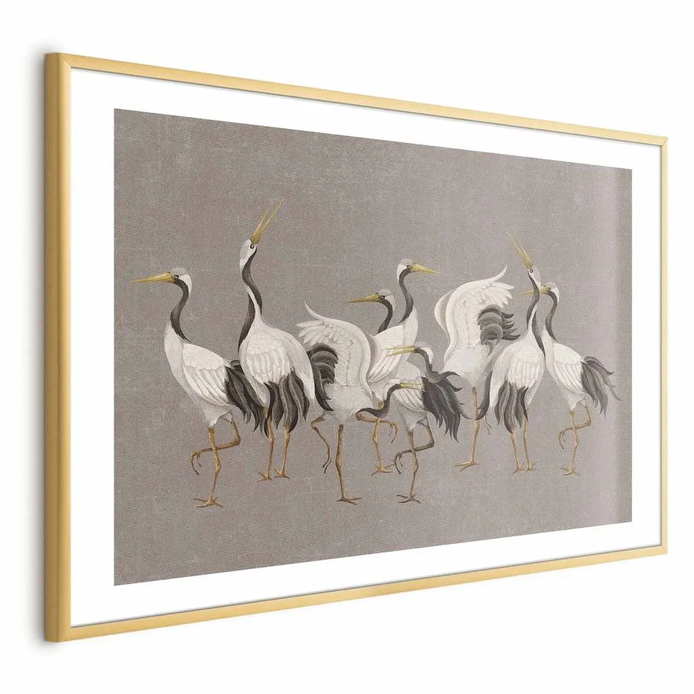 Plakat Taniec żurawi 30x21 cm z ramą złotą z marginesem | MIRAT.
