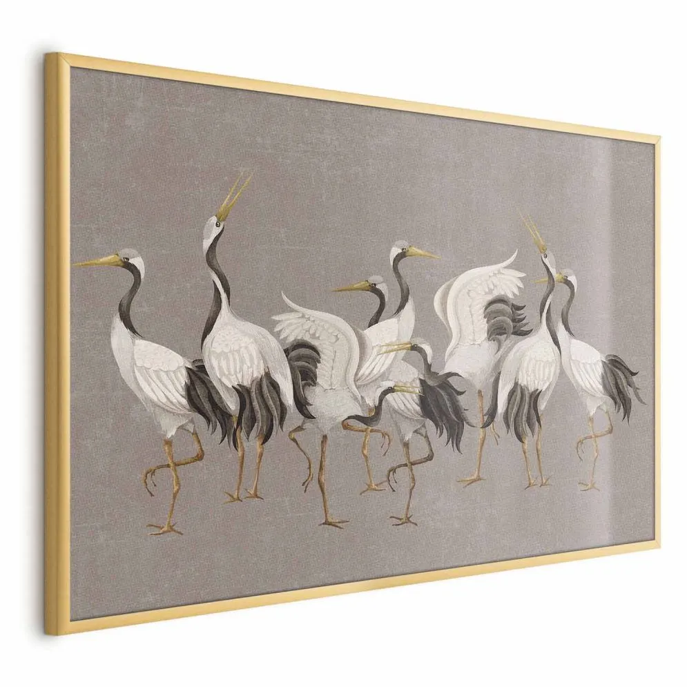 Plakat Taniec żurawi 30x21 cm z ramą złotą bez marginesu | MIRAT.