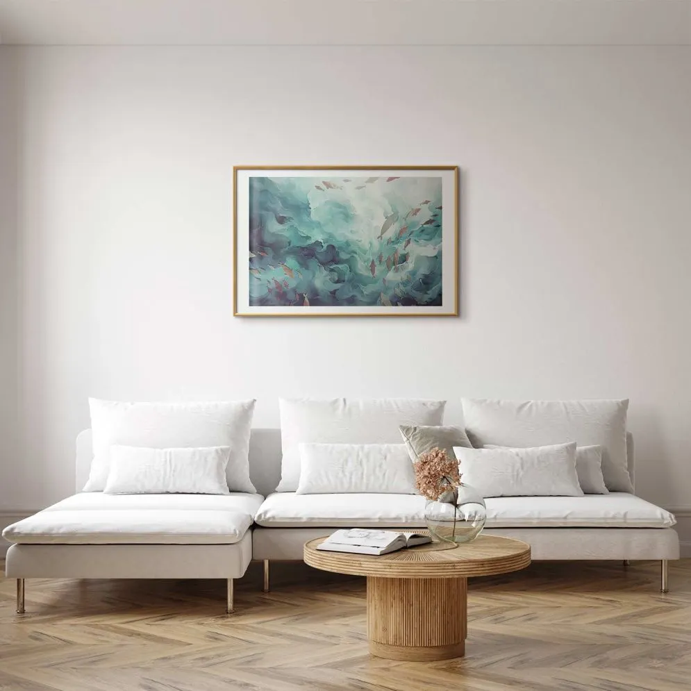 Plakat Ryby w oceanie 60x40 cm z ramą złotą z marginesem | MIRAT.