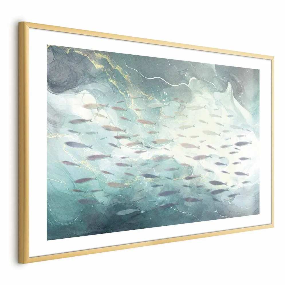 Plakat Ławica ryb 30x21 cm z ramą złotą z marginesem | MIRAT.
