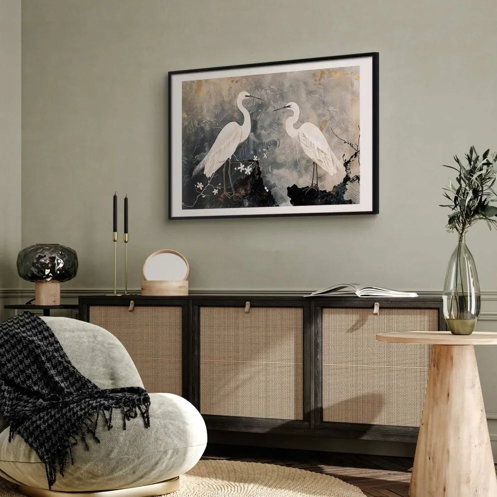Plakat Czaple i kwiat wiśni 90x60 cm z ramą czarną z marginesem | MIRAT.
