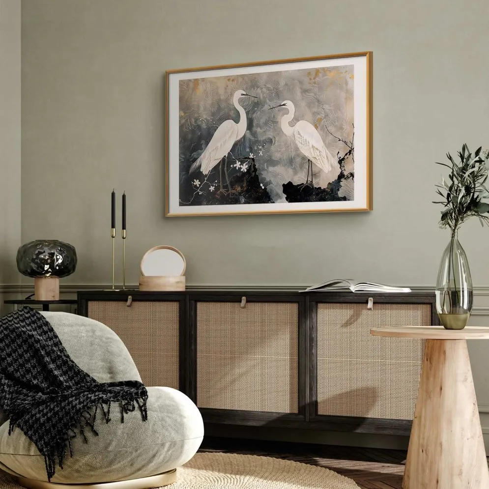 Plakat Czaple i kwiat wiśni 60x40 cm z ramą złotą z marginesem | MIRAT.