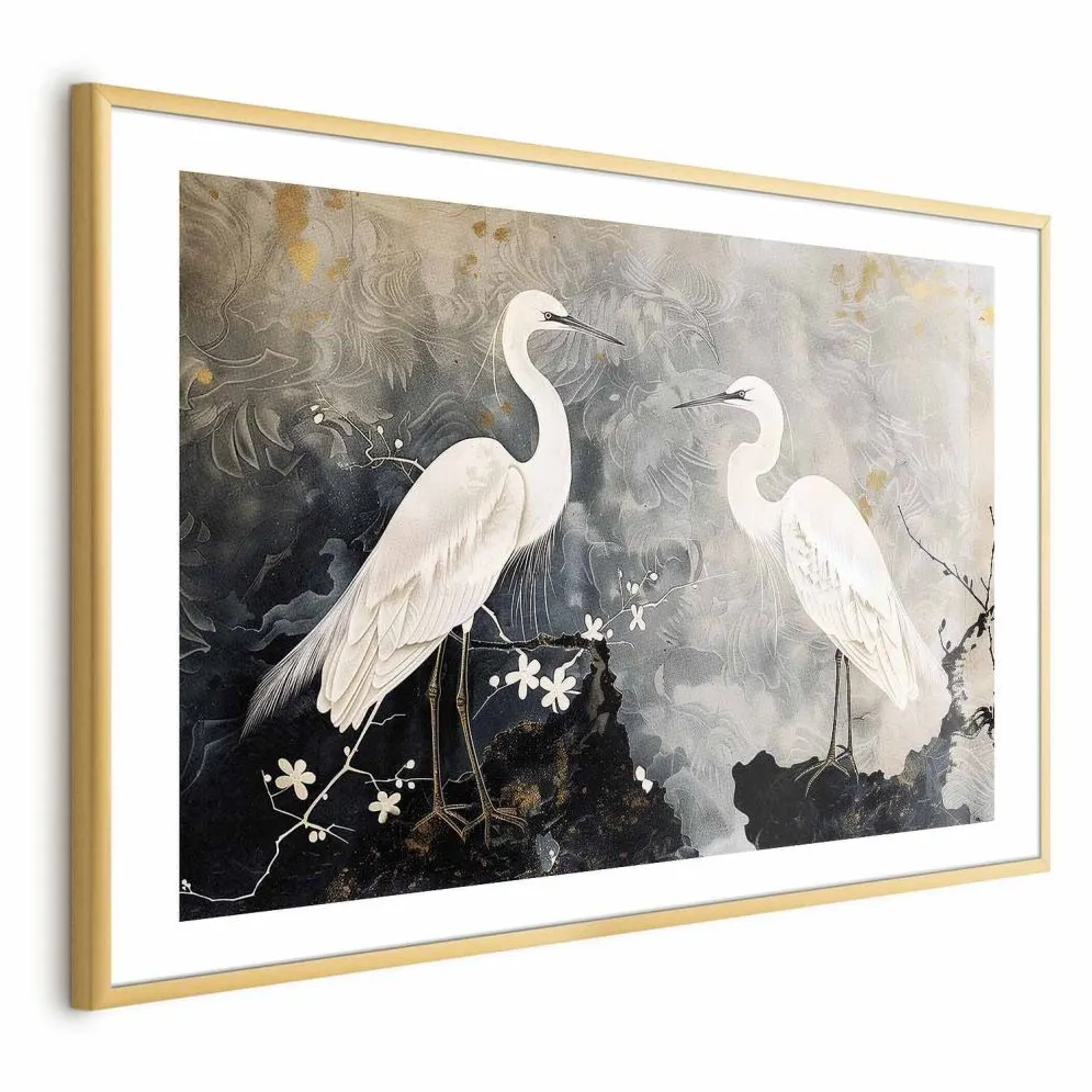Plakat Czaple i kwiat wiśni 60x40 cm z ramą złotą z marginesem | MIRAT.