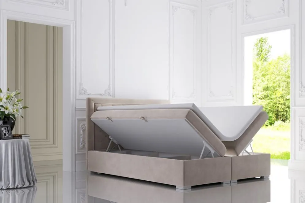Łóżko kontynentalne AMIGO 140 granatowe velvet z pojemnikiem do sypialni | MIRAT. styl GLAMOUR