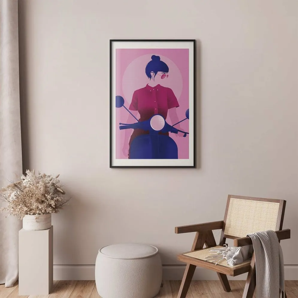 Plakat Kobieta na skuterze 40x60 cm z ramą czarną z marginesem | MIRAT.