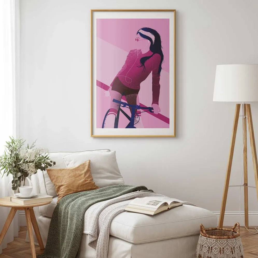 Plakat Kobieta na rowerze 60x90 cm z ramą złotą z marginesem | MIRAT.