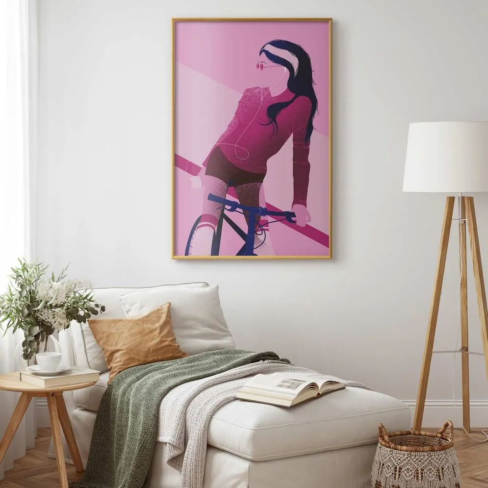 Plakat Kobieta na rowerze 21x30 cm z ramą złotą bez marginesu | MIRAT.