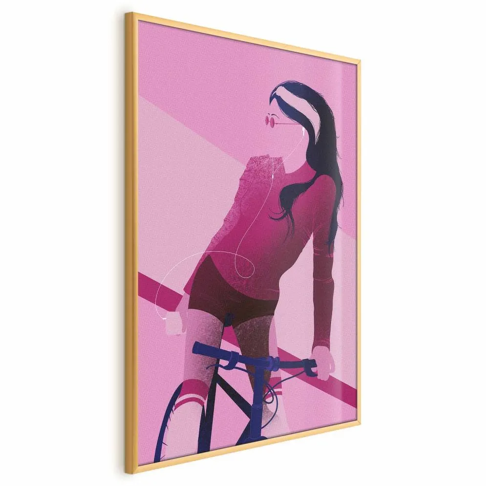 Plakat Kobieta na rowerze 21x30 cm z ramą złotą bez marginesu | MIRAT.