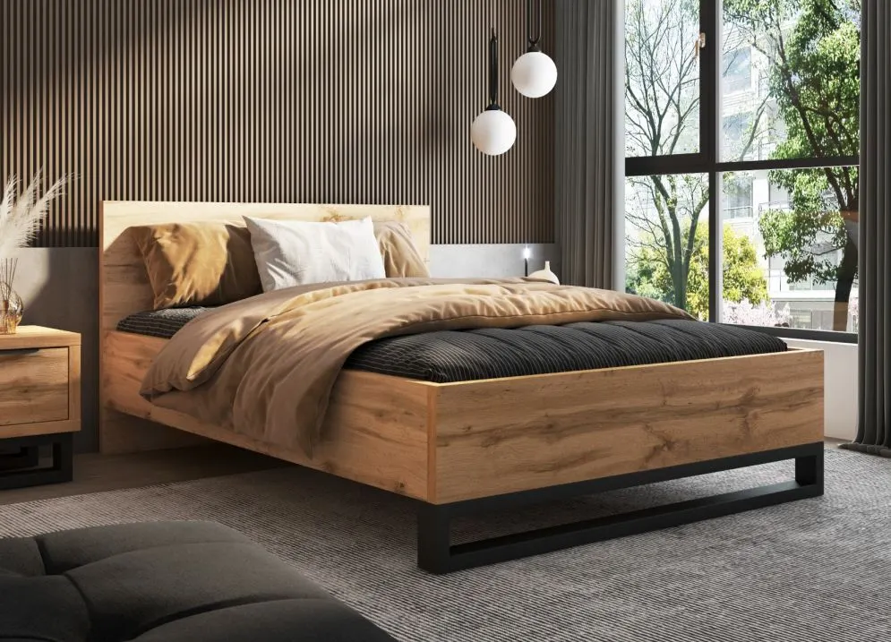 Łóżko HALLE 160x200 dąb wotan mat/czarne dwuosobowe I sklep meblowy MIRAT. styl LOFT, SKANDYNAWSKI kolekcja HALLE
