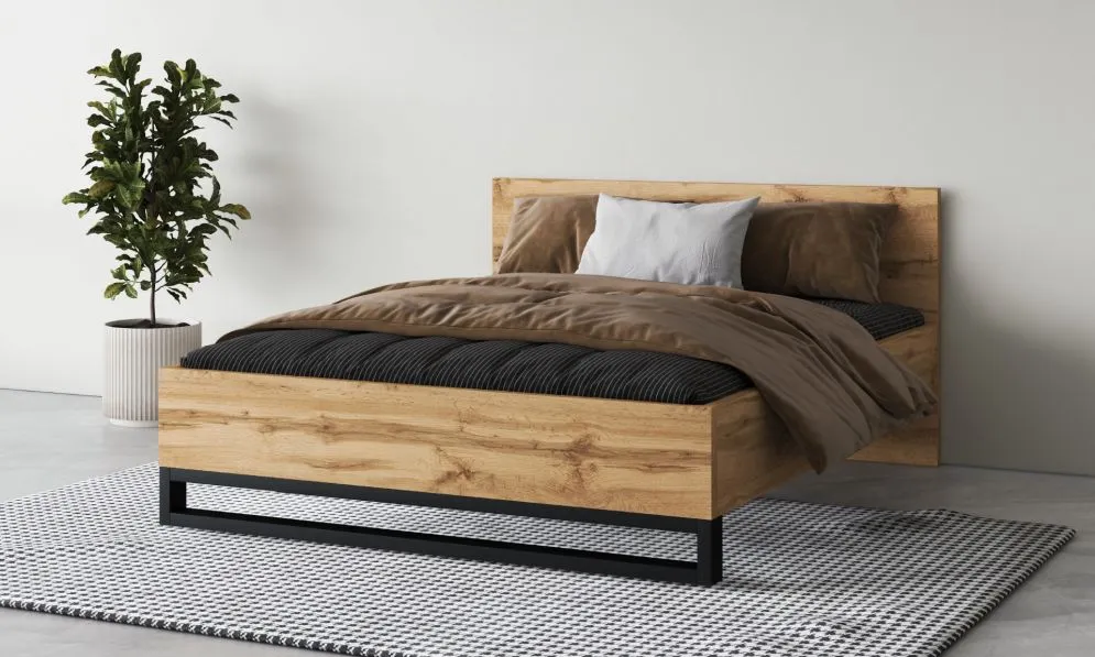 Łóżko HALLE 160x200 dąb wotan mat/czarne dwuosobowe I sklep meblowy MIRAT. styl LOFT, SKANDYNAWSKI kolekcja HALLE