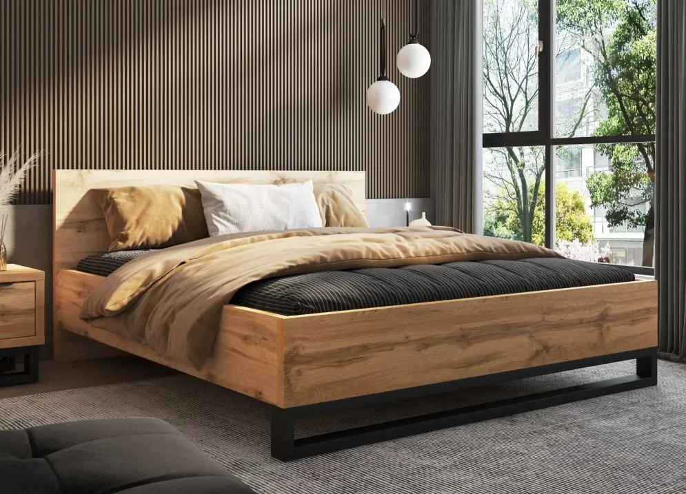 Łóżko HALLE 180x200 dąb wotan mat/czarne do sypialni I sklep meblowy MIRAT. styl LOFT, SKANDYNAWSKI kolekcja HALLE