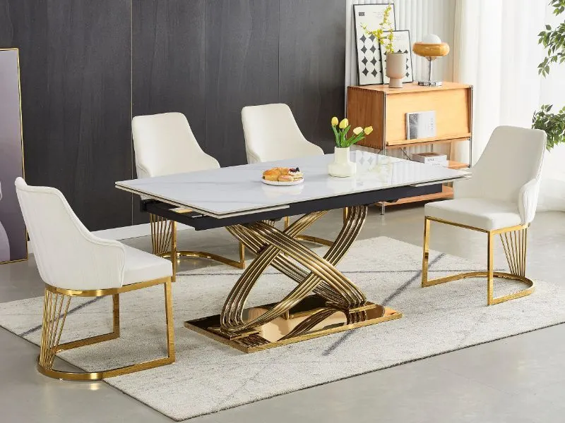 Stół glamour Hermes II 160(240)x90 cm biały marmur złote nogi | MIRAT styl GLAMOUR