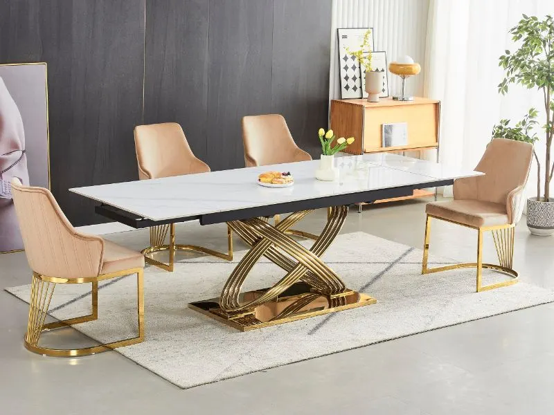 Stół glamour Hermes II 160(240)x90 cm biały marmur złote nogi | MIRAT styl GLAMOUR