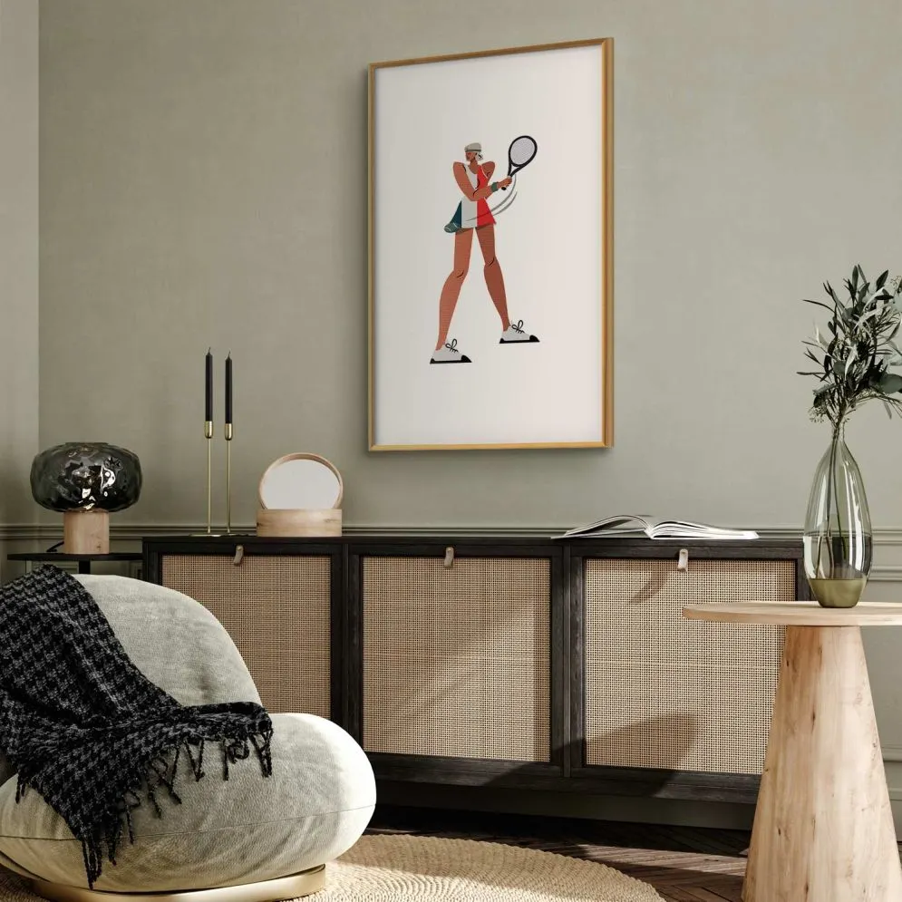 Plakat Tenisistka z rakietą 21x30 cm z ramą złotą z marginesem | MIRAT.