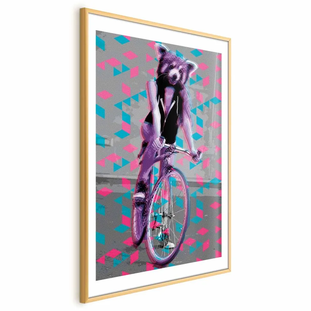 Plakat Szop na rowerze 29,7x42 cm z ramą złotą z marginesem | MIRAT.