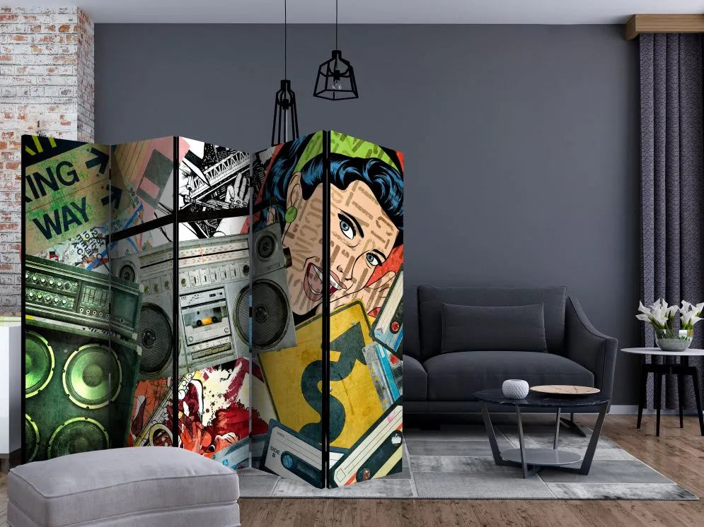 Parawan jednostronny Street art 225x172 cm 5-częściowy szary | MIRAT.