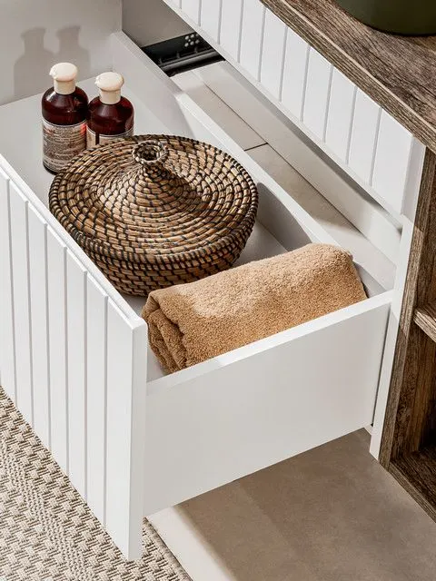 Szafka pod umywalkę ICONIC WHITE 60cm + SANTA FE OAK 81-01-A ryflowane fronty zestaw z blatem I sklep meblowy MIRAT. styl RYFLOWANY
