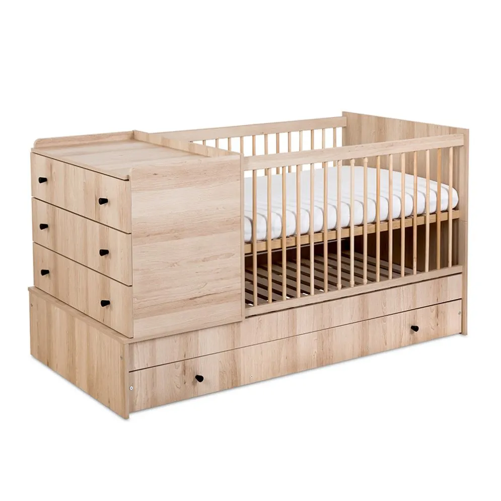 Łóżeczko dziecięce KOMPAKT 3W1 120x80 bukowe z komodą i szufladą I sklep meblowy MIRAT. styl SKANDYNAWSKI