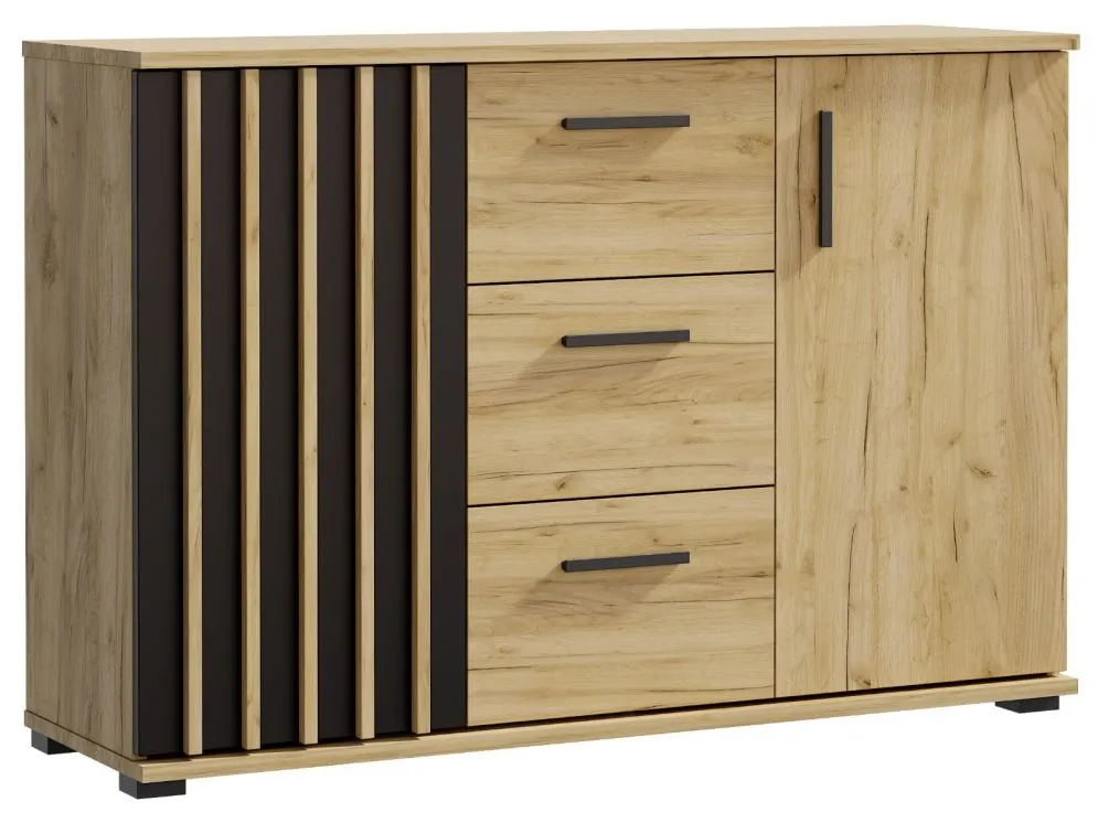 Komoda KALI 120 czarny/dąb craft z szufladami I sklep meblowy MIRAT. styl LOFT, RYFLOWANY