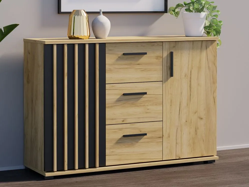 Meblościanka KALI 02 czarna/dąb craft do salonu I sklep meblowy MIRAT. styl LOFT, RYFLOWANY