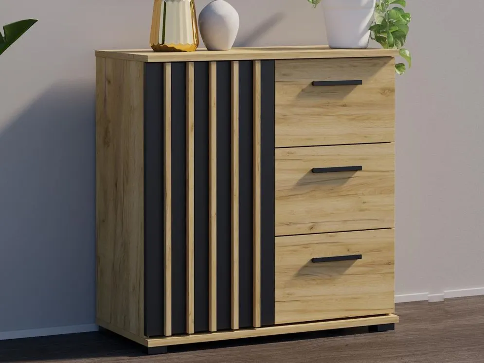 Komoda KALI 80 1D3SZ czarny/dąb craft w stylu loftowym I sklep meblowy MIRAT. styl LOFT, RYFLOWANY