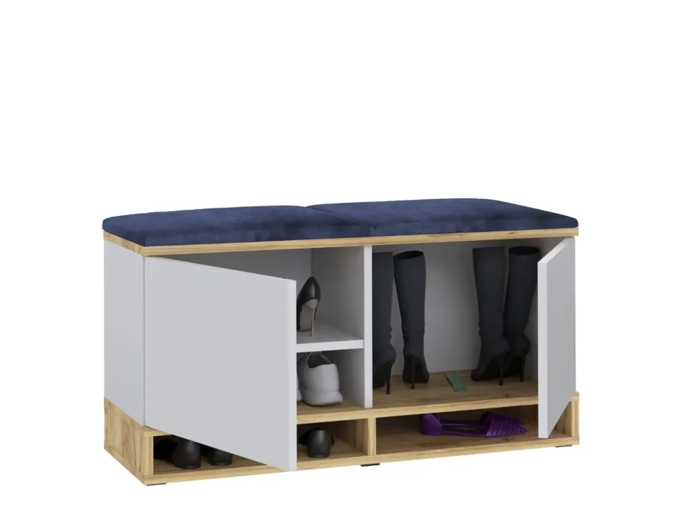 Nowoczesna szafka na buty z siedziskiem DUBAI biały/dąb craft/granat I sklep meblowy MIRAT. styl LOFT, SKANDYNAWSKI
