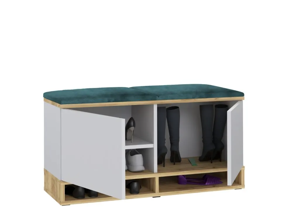 Wygodna szafka na buty z siedziskiem DUBAI biała/dąb craft/zielona I sklep meblowy MIRAT. styl LOFT, SKANDYNAWSKI