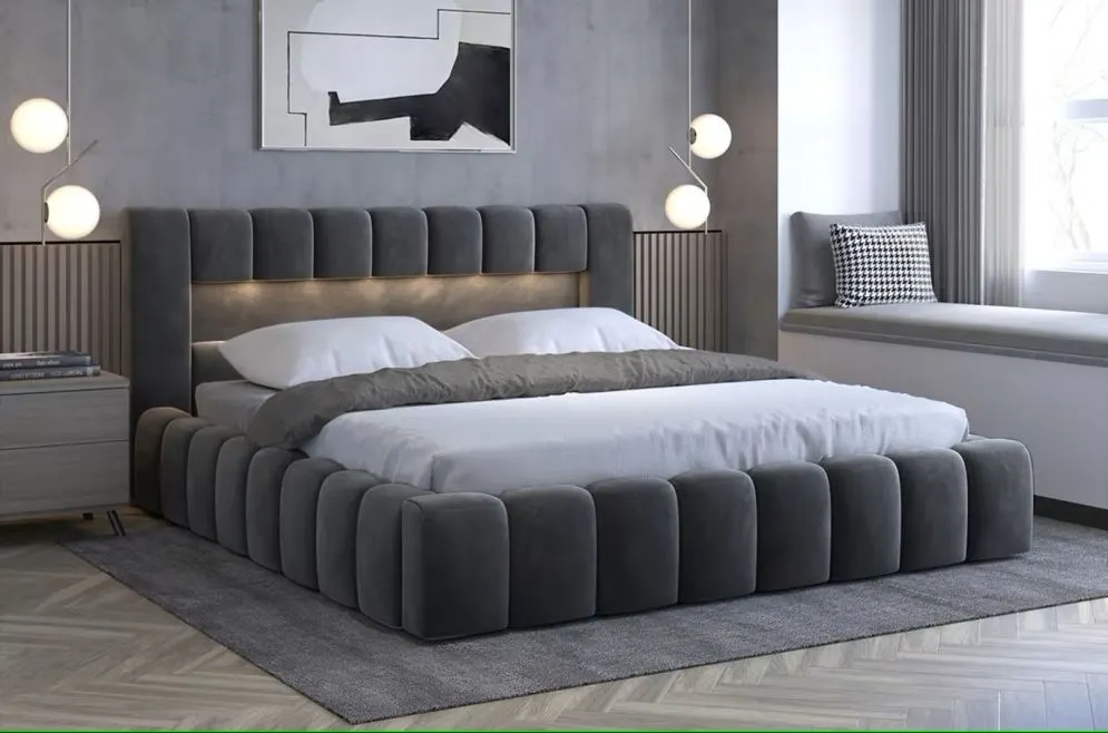 Łóżko tapicerowane LAMICA VELVET 180x200 szare z pojemnikiem nowoczesne | MIRAT. styl GLAMOUR
