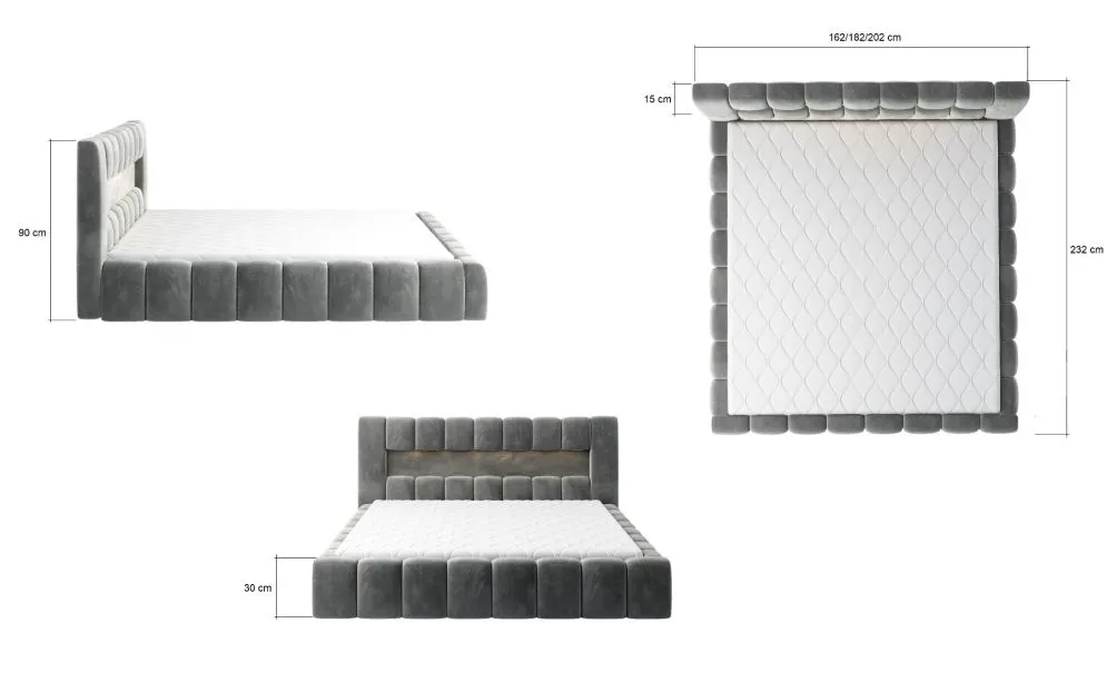 Łóżko tapicerowane LAMICA VELVET 160x200 jasnoszare z pojemnikiem i stelażem | MIRAT. styl GLAMOUR