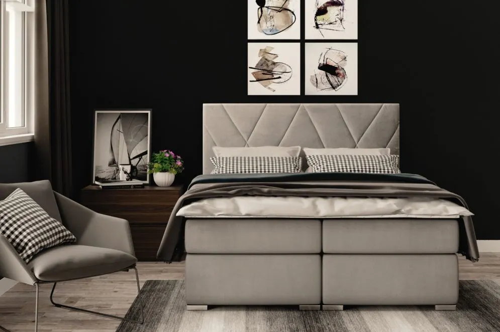 Łóżko kontynentalne MELROSE 180 jasno szare velvet z wysokim zagłówkiem | MIRAT. styl GLAMOUR