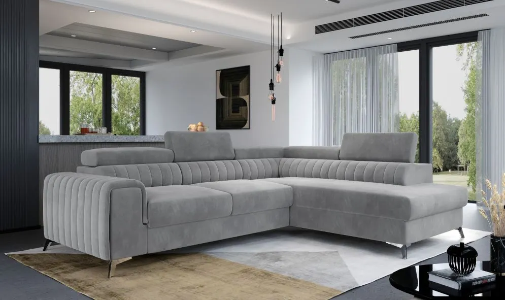 Narożnik z funkcją spania LAURENCE VELVET szary prawy polskiej produkcji | MIRAT. w stylu GLAMOUR kolekcja