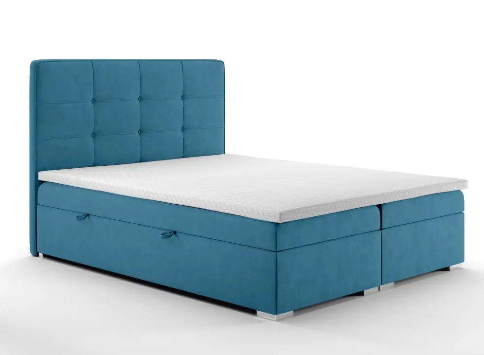 Łóżko kontynentalne TUTO 180 ciemno niebieskie velvet z pojemnikiem i materacem | MIRAT. styl GLAMOUR