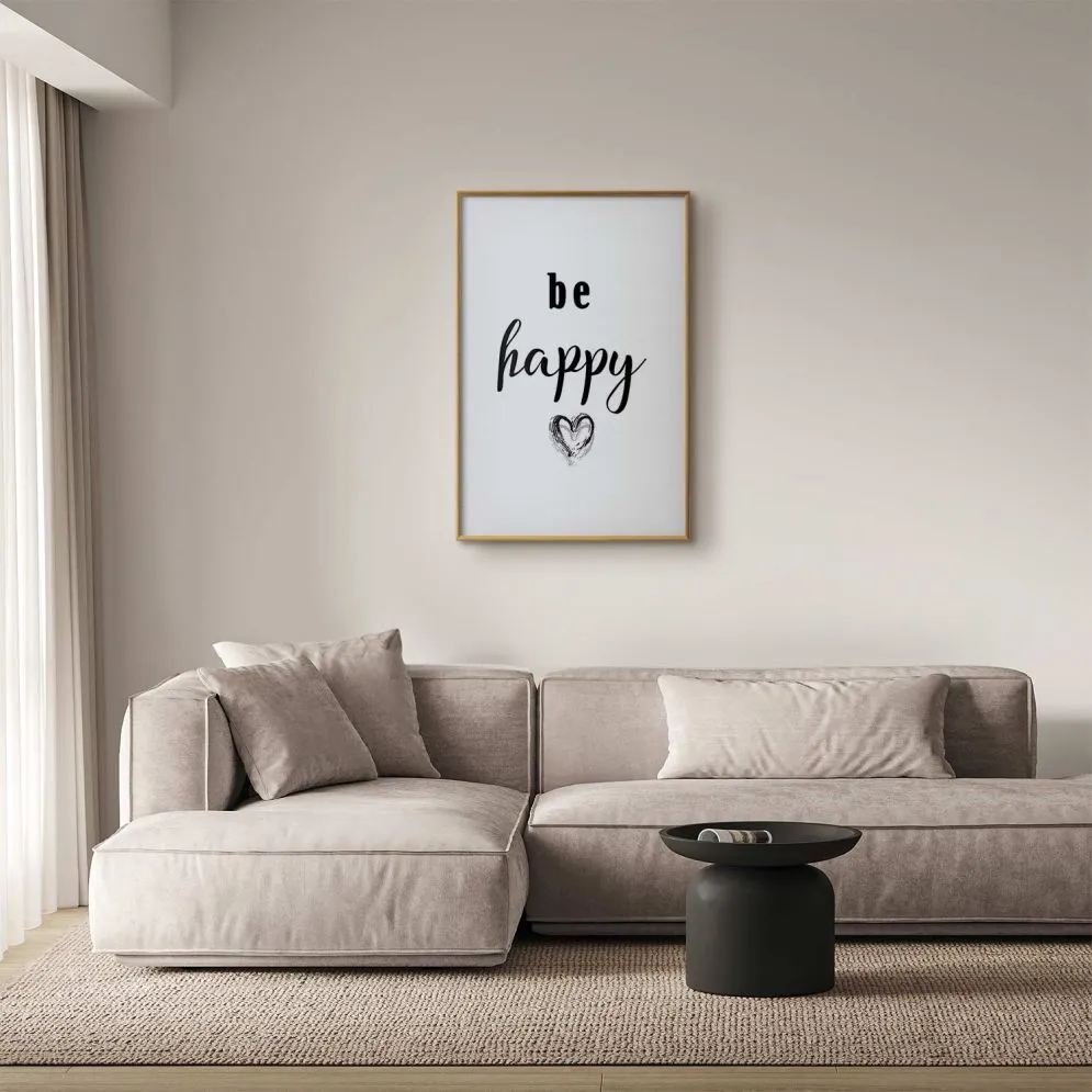 Plakat Be happy 60x90 cm z ramą złotą z marginesem | MIRAT.