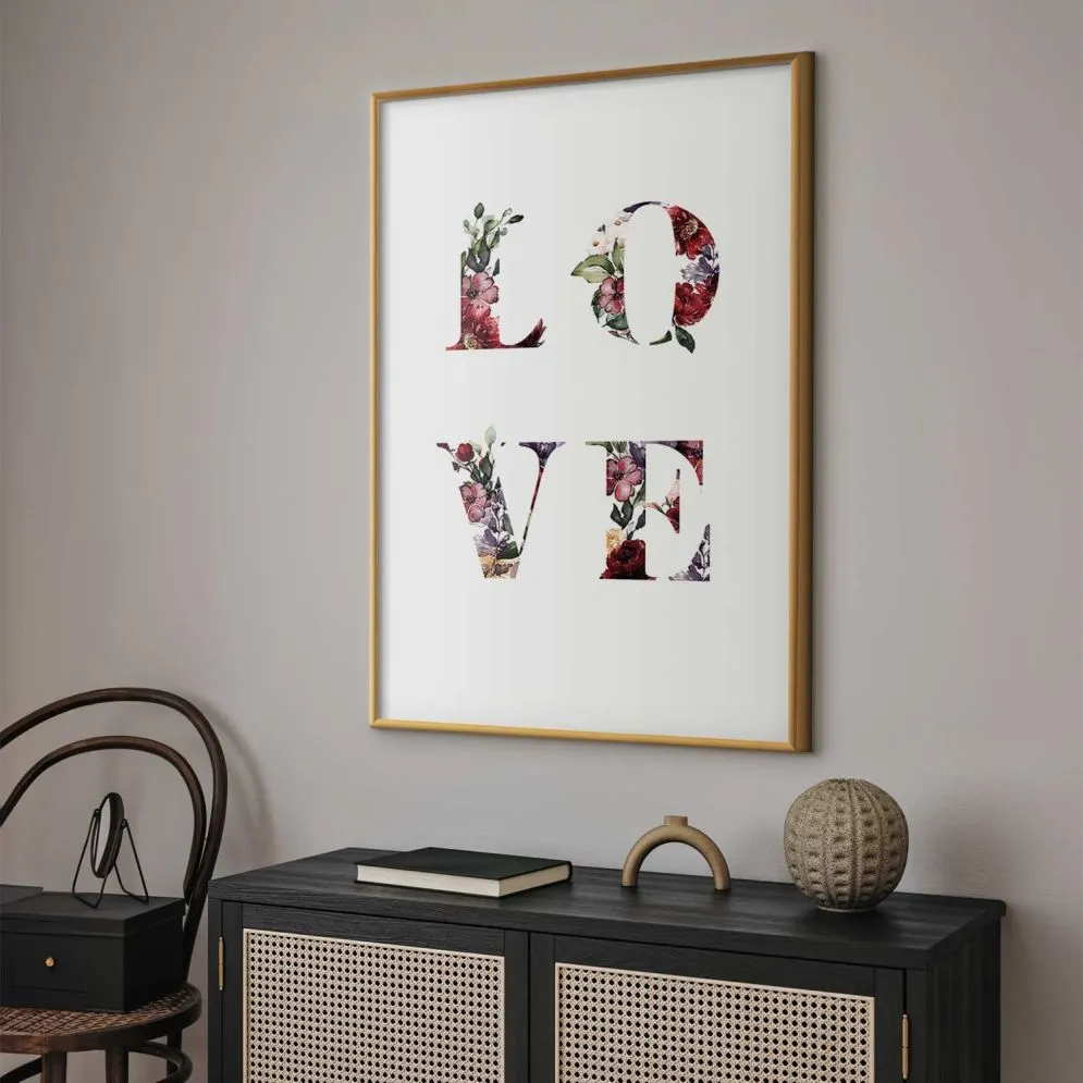Plakat Miłość w kwiatach 21x30 cm z ramą złotą bez marginesu | MIRAT.