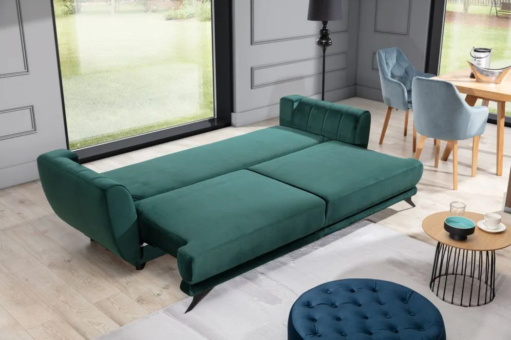 Sofa rozkładana z funkcją spania MEGIS VELVET zielona z pojemnikiem na pościel | MIRAT.