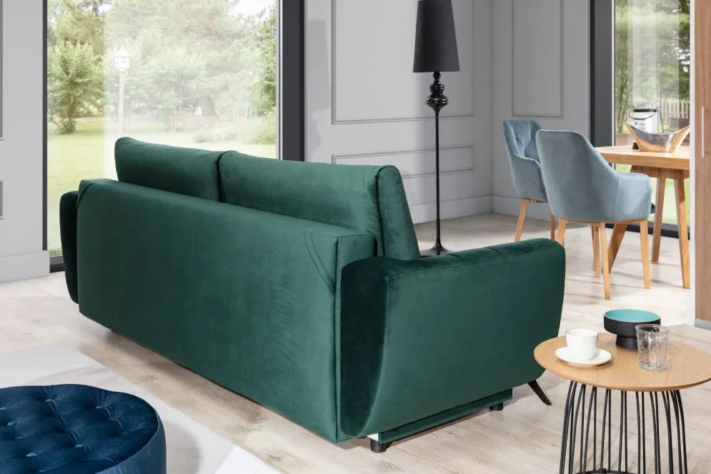 Sofa rozkładana z funkcją spania MEGIS VELVET zielona z pojemnikiem na pościel | MIRAT.