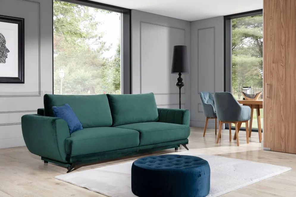 Sofa rozkładana z funkcją spania MEGIS VELVET zielona z pojemnikiem na pościel | MIRAT.