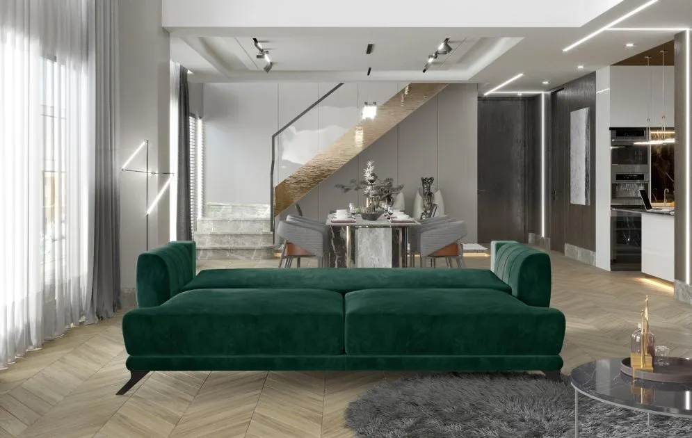 Sofa rozkładana z funkcją spania MEGIS VELVET zielona z pojemnikiem na pościel | MIRAT.