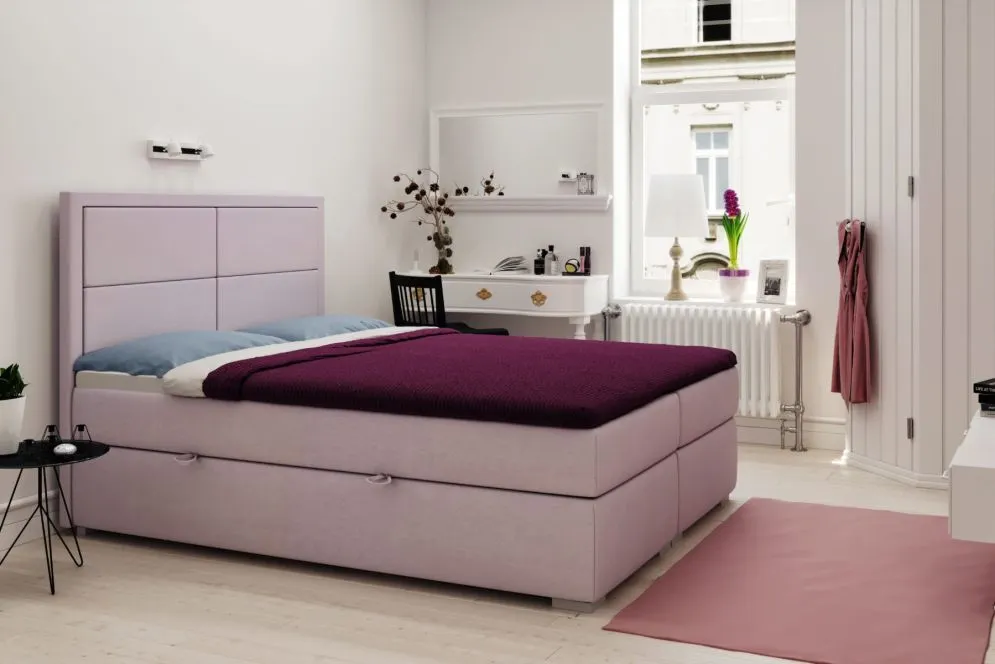 Łóżko kontynentalne DENNERY 160 ciemno niebieskie velvet z pojemnikiem i materacem | MIRAT. styl GLAMOUR