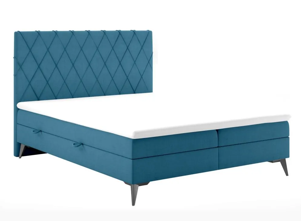 Łóżko kontynentalne IBETIO 140 ciemno niebieskie velvet z pojemnikiem tapicerowane | MIRAT. styl GLAMOUR